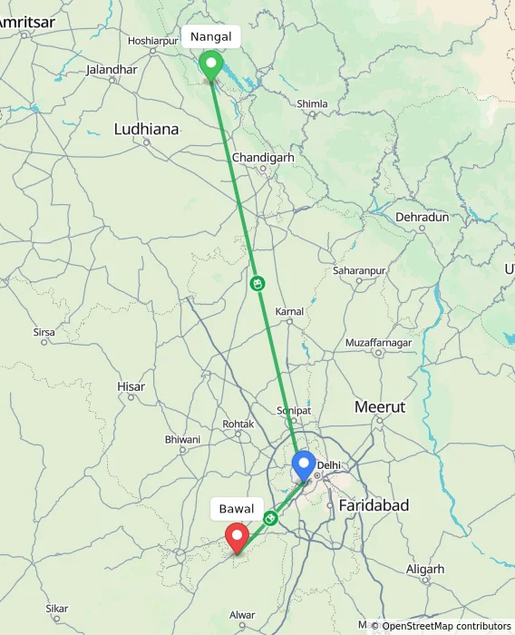 Route map showing distance and travel time from Nangal, India to Bawal, India