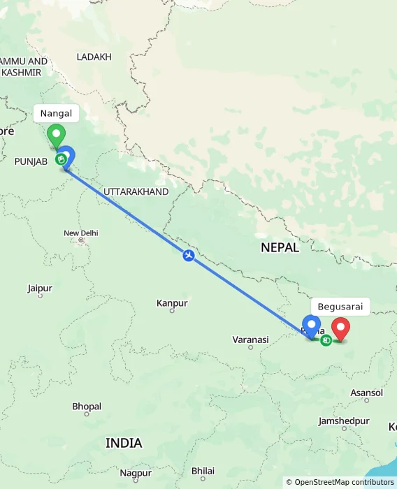 Route map showing distance and travel time from Nangal, India to Begusarai, India