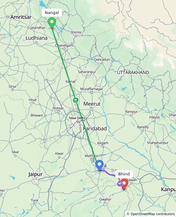 Route map showing distance and travel time from Nangal, India to Bhind, India