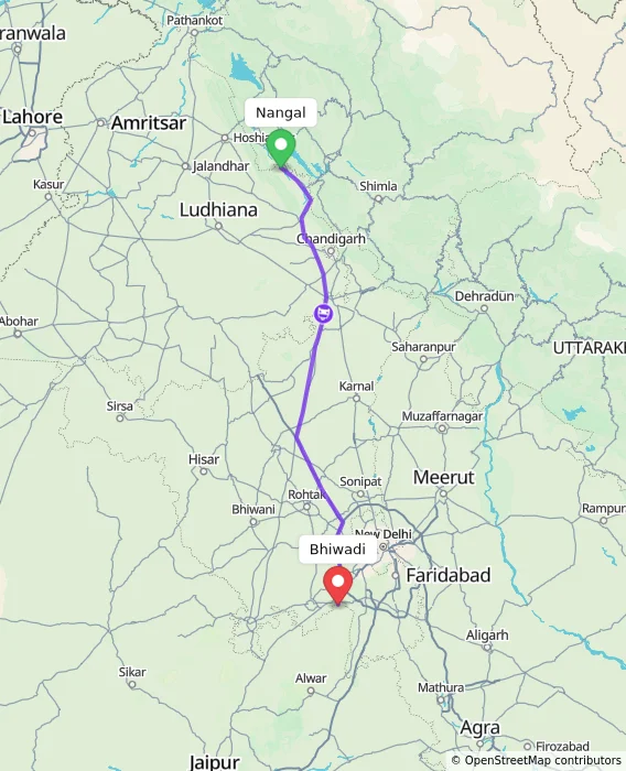 Route map showing distance and travel time from Nangal, India to Bhiwadi, India
