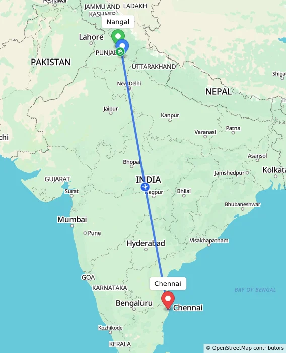 Route map showing distance and travel time from Nangal, India to Chennai, India