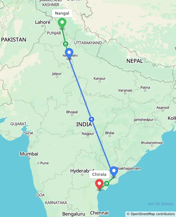 Route map showing distance and travel time from Nangal, India to Chirala, India