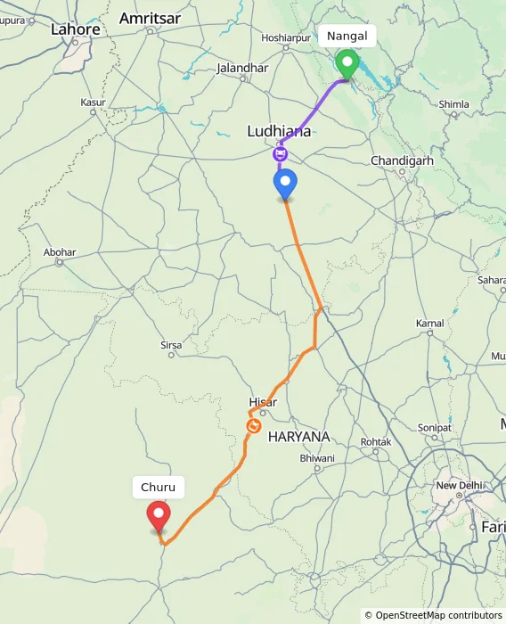 Route map showing distance and travel time from Nangal, India to Churu, India