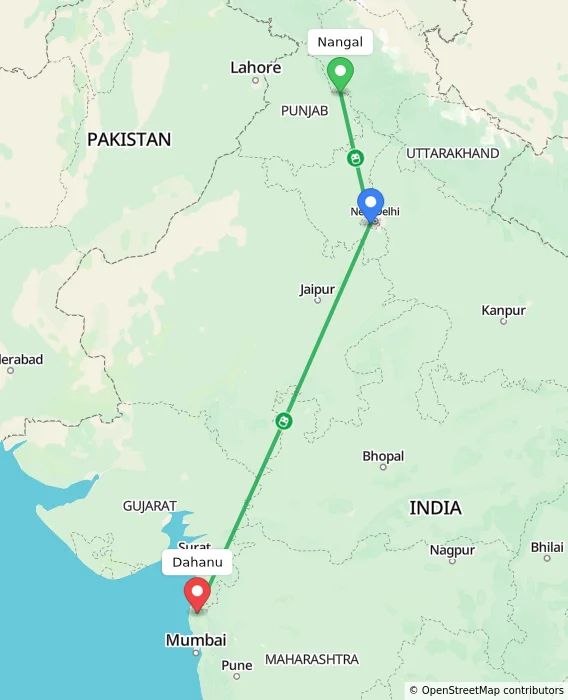 Route map showing distance and travel time from Nangal, India to Dahanu, India