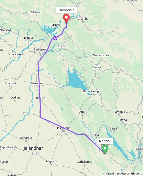 Route map showing distance and travel time from Nangal, India to Dalhousie, India