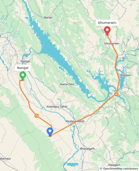 Route map showing distance and travel time from Nangal, India to Ghumarwin, India