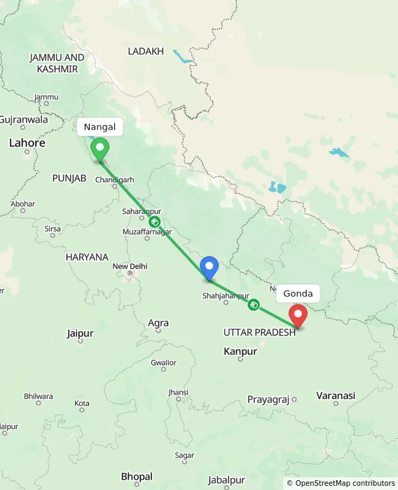 Route map showing distance and travel time from Nangal, India to Gonda, India