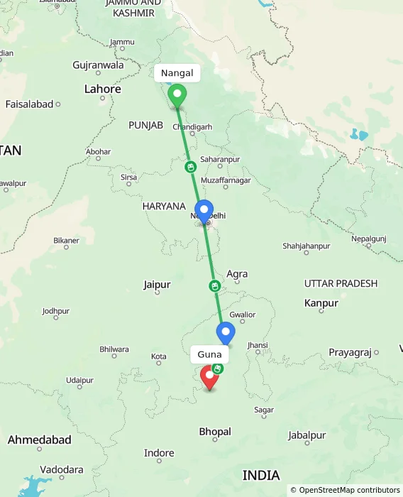 Route map showing distance and travel time from Nangal, India to Guna, India