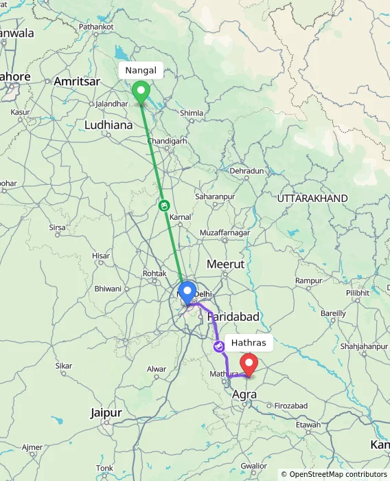 Route map showing distance and travel time from Nangal, India to Hathras, India