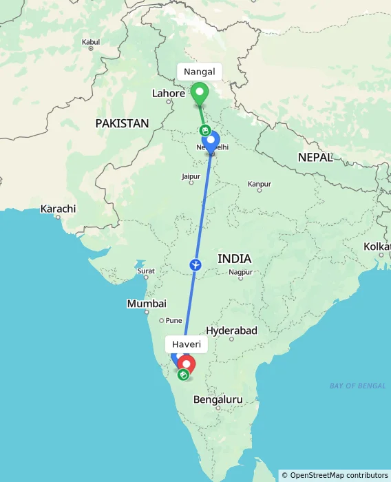 Route map showing distance and travel time from Nangal, India to Haveri, India