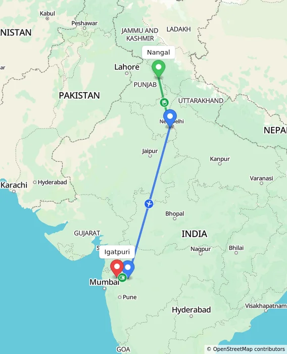 Route map showing distance and travel time from Nangal, India to Igatpuri, India