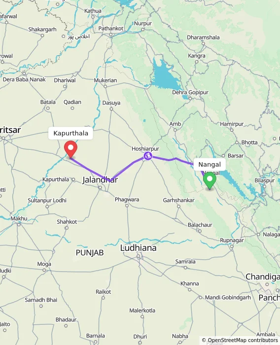 Route map showing distance and travel time from Nangal, India to Kapurthala, India