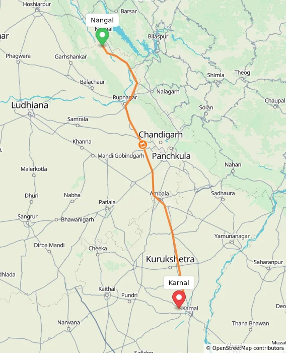 Route map showing distance and travel time from Nangal, India to Karnal, India