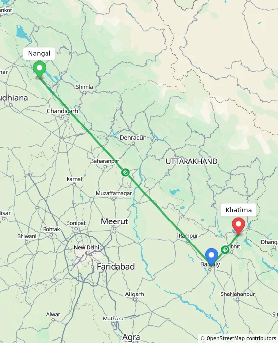 Route map showing distance and travel time from Nangal, India to Khatima, India
