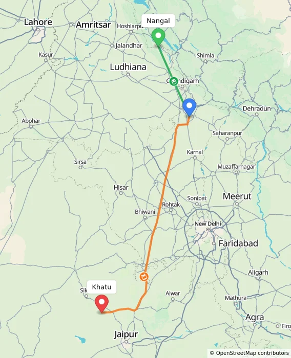 Route map showing distance and travel time from Nangal, India to Khatu, India