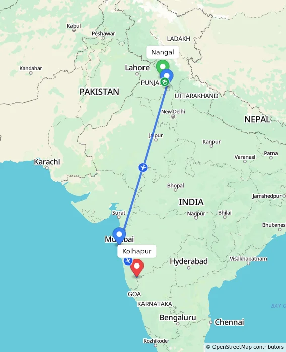 Route map showing distance and travel time from Nangal, India to Kolhapur, India