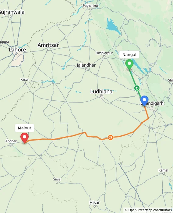 Route map showing distance and travel time from Nangal, India to Malout, India