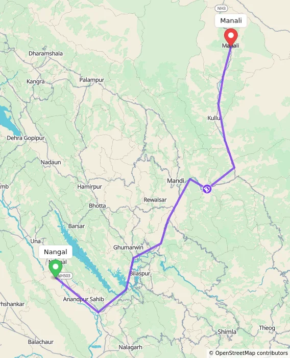 Route map showing distance and travel time from Nangal, India to Manali, India
