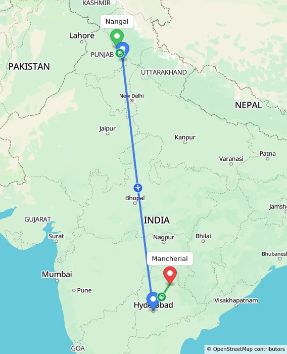Route map showing distance and travel time from Nangal, India to Mancherial, India