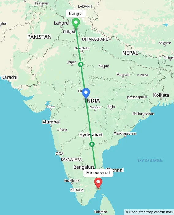 Route map showing distance and travel time from Nangal, India to Mannargudi, India