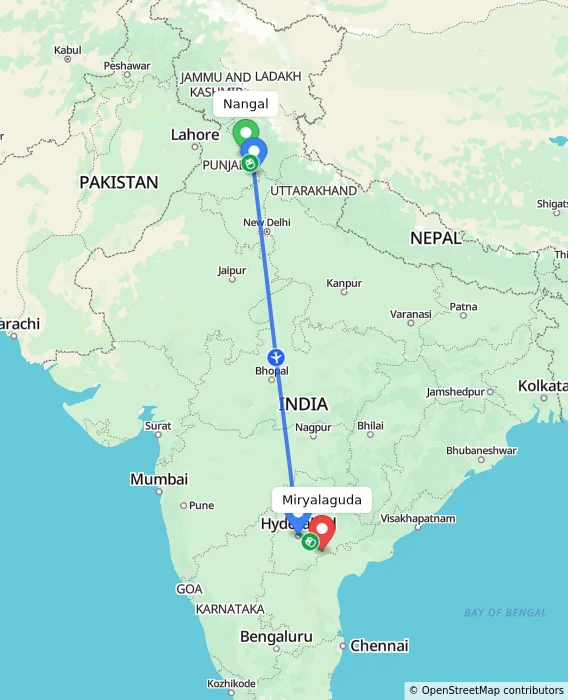 Route map showing distance and travel time from Nangal, India to Miryalaguda, India