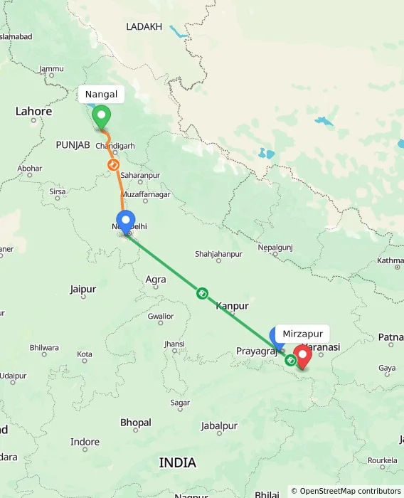 Route map showing distance and travel time from Nangal, India to Mirzapur, India