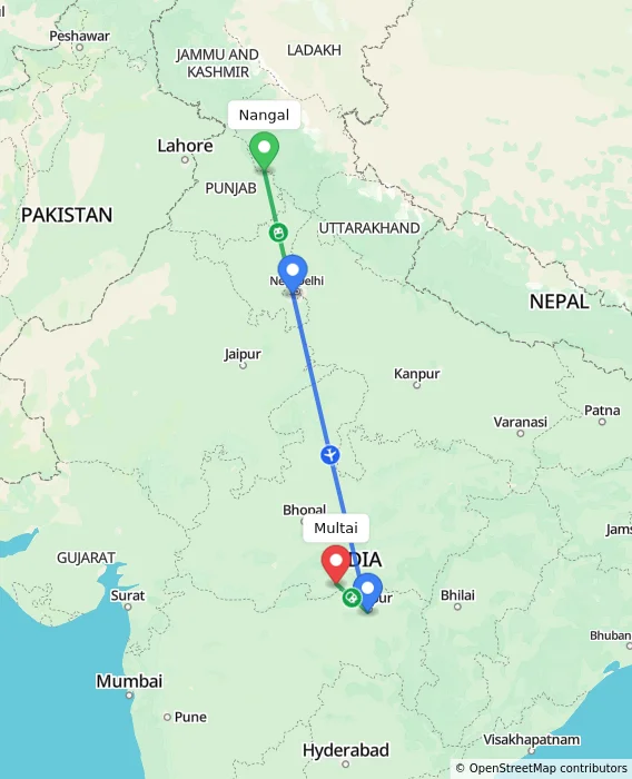 Route map showing distance and travel time from Nangal, India to Multai, India