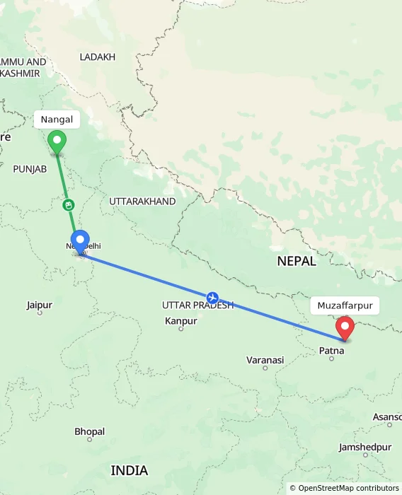 Route map showing distance and travel time from Nangal, India to Muzaffarpur, India