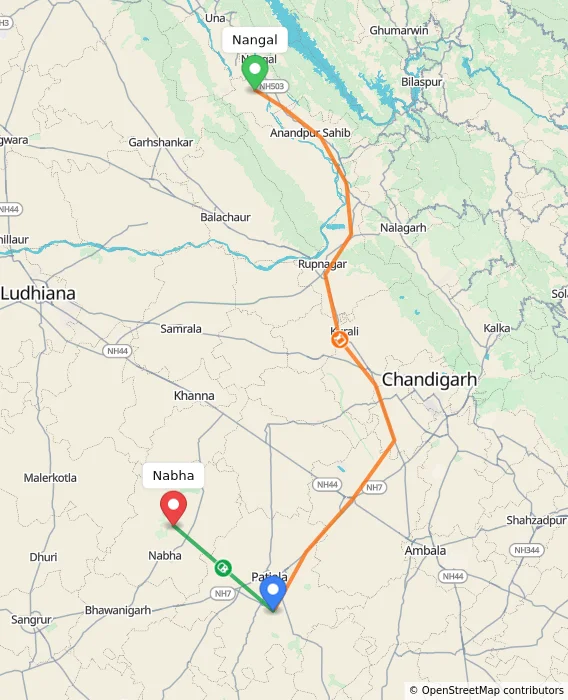 Route map showing distance and travel time from Nangal, India to Nabha, India