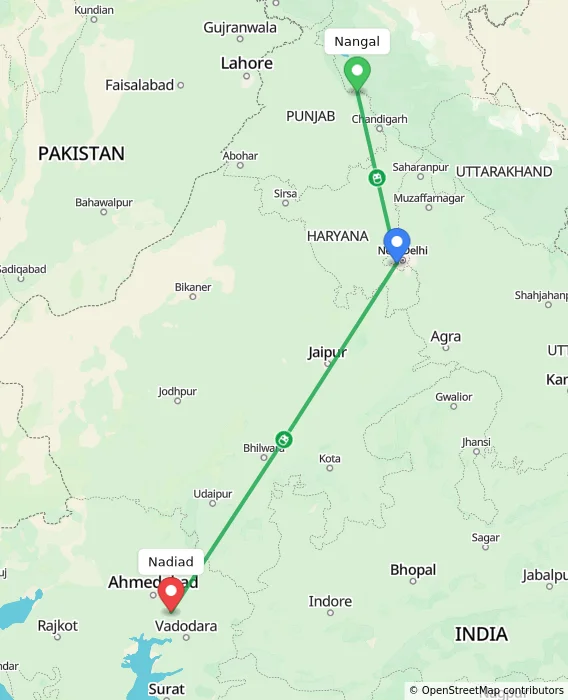 Route map showing distance and travel time from Nangal, India to Nadiad, India