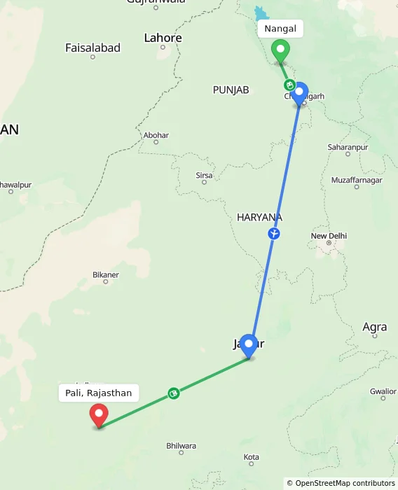 Route map showing distance and travel time from Nangal, India to Pali, Rajasthan, India