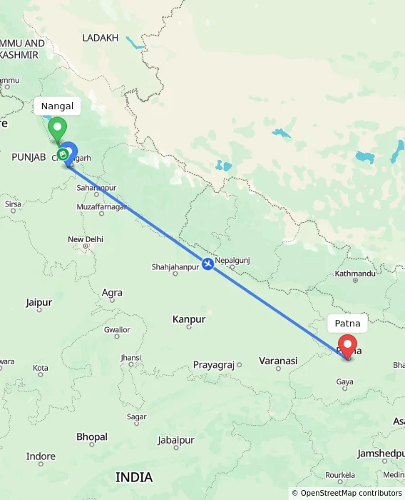 Route map showing distance and travel time from Nangal, India to Patna, India