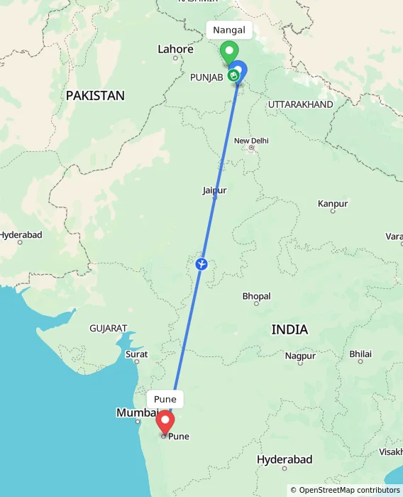 Route map showing distance and travel time from Nangal, India to Pune, India