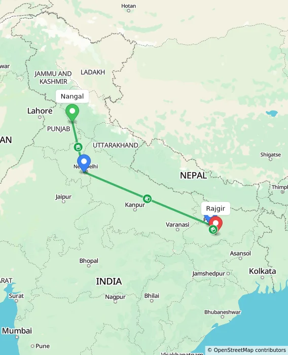 Route map showing distance and travel time from Nangal, India to Rajgir, India