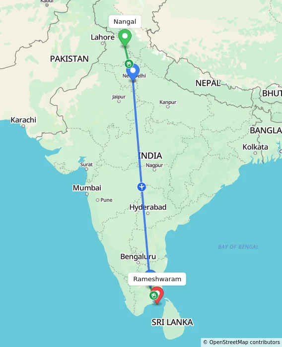 Route map showing distance and travel time from Nangal, India to Rameshwaram, India