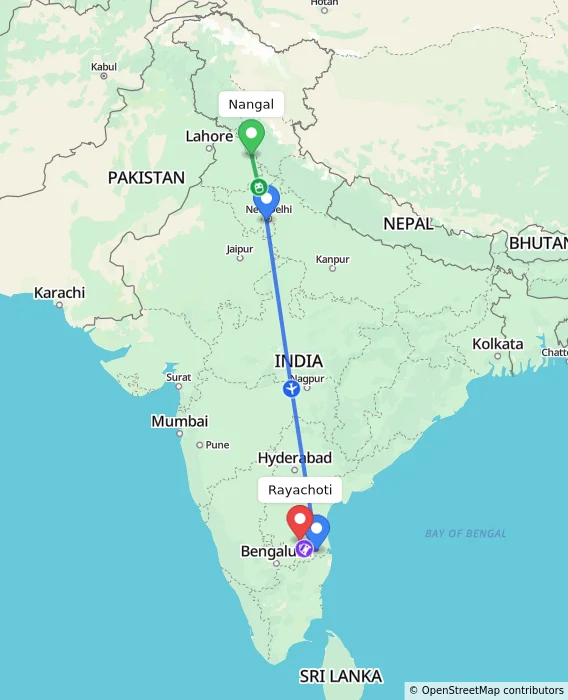 Route map showing distance and travel time from Nangal, India to Rayachoti, India