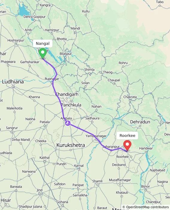 Route map showing distance and travel time from Nangal, India to Roorkee, India