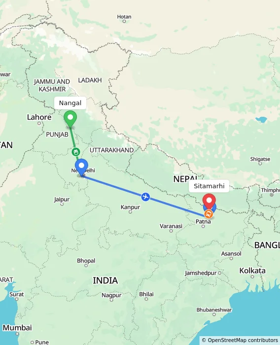 Route map showing distance and travel time from Nangal, India to Sitamarhi, India
