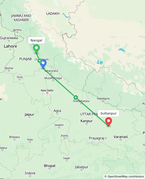 Route map showing distance and travel time from Nangal, India to Sultanpur, India