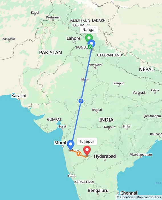 Route map showing distance and travel time from Nangal, India to Tuljapur, India