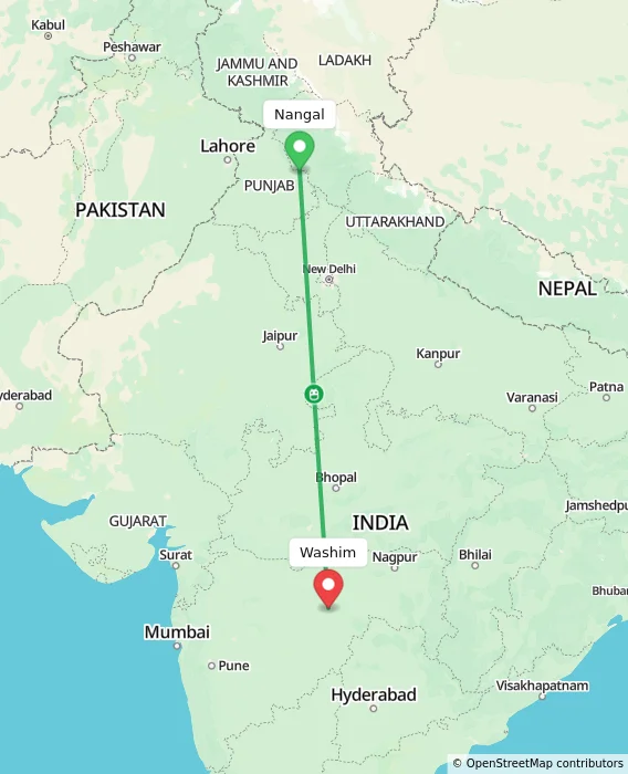 Route map showing distance and travel time from Nangal, India to Washim, India