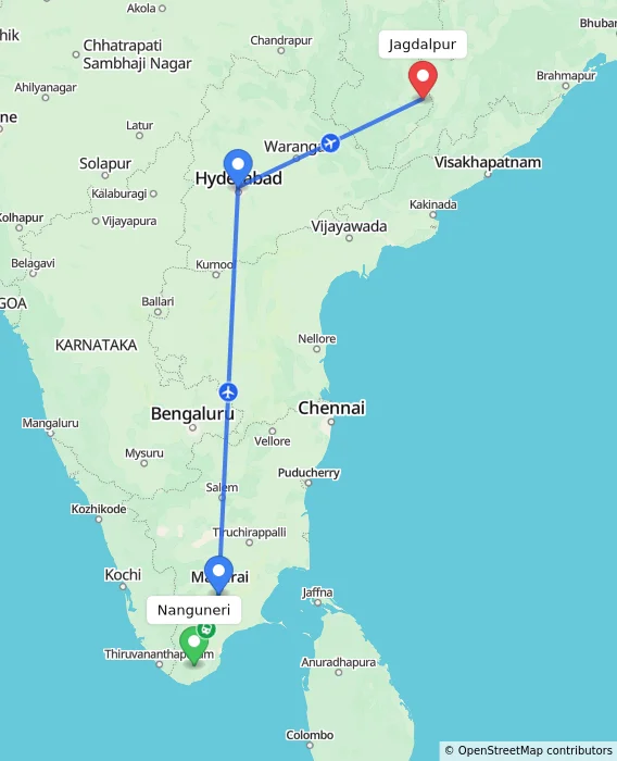 Route map showing distance and travel time from Nanguneri, India to Jagdalpur, India