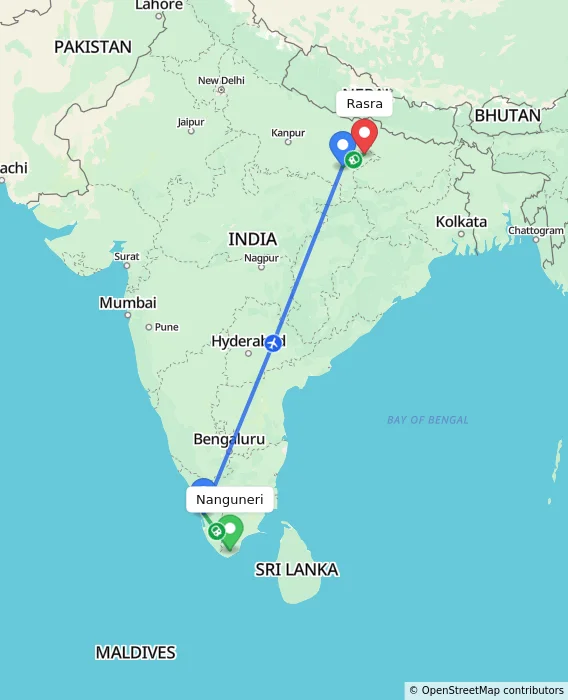 Route map showing distance and travel time from Nanguneri, India to Rasra, India