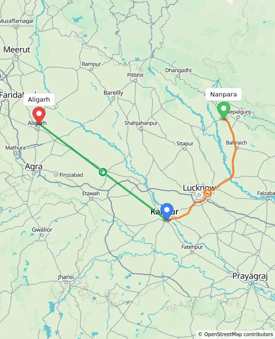 Route map showing distance and travel time from Nanpara, India to Aligarh, India