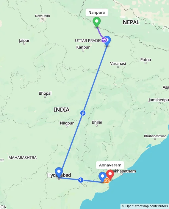 Route map showing distance and travel time from Nanpara, India to Annavaram, India