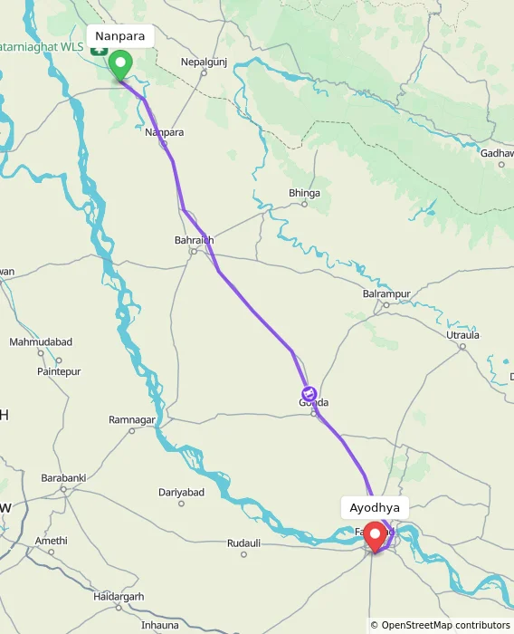 Route map showing distance and travel time from Nanpara, India to Ayodhya, India