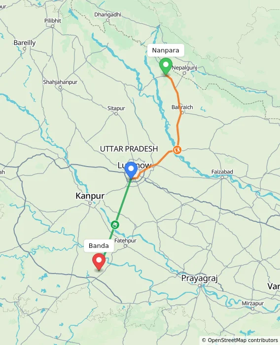 Route map showing distance and travel time from Nanpara, India to Banda, India