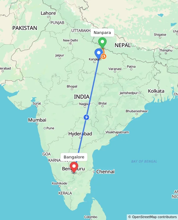 Route map showing distance and travel time from Nanpara, India to Bangalore, India