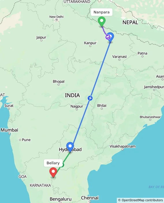 Route map showing distance and travel time from Nanpara, India to Bellary, India