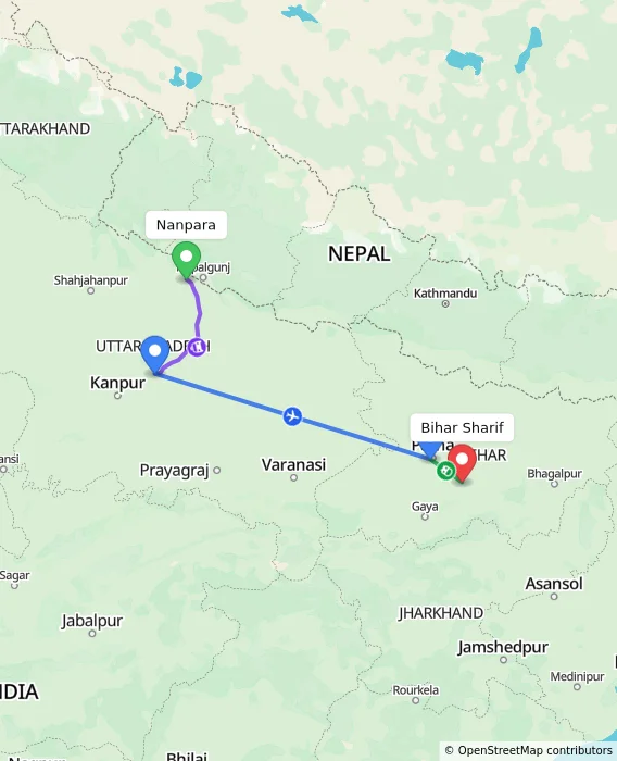 Route map showing distance and travel time from Nanpara, India to Bihar Sharif, India